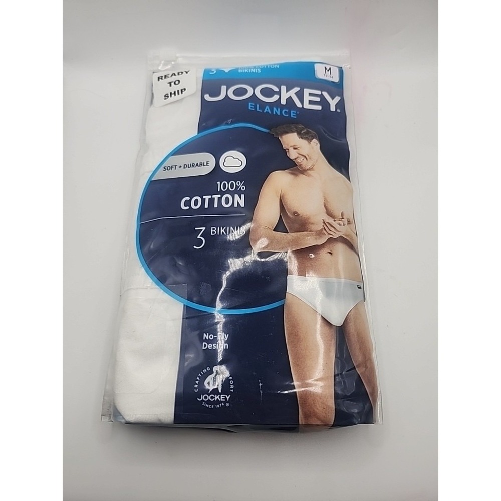 Jockey Mens Size M 32-34 White Elance Bikini 3-Pack Underwear Cotton Comfort
